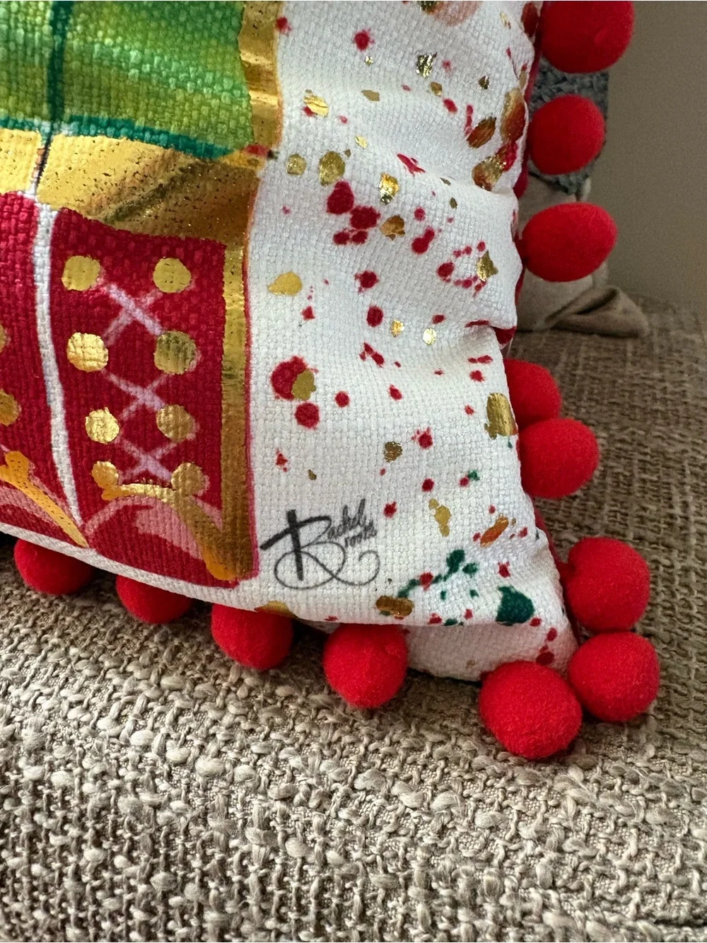 Rachel Brooks Design Gold Foil Nutcracker Decorative Pillow with Pom Pom Trim